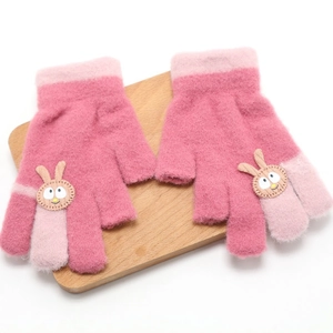Detailed view of pink knitted fingerless gloves with cute rabbit embroidery and warm fleece