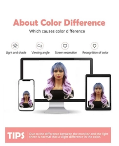 Infographic explaining color difference for long wavy purple gradient synthetic wig