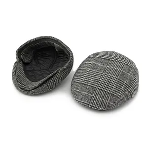 Men's vintage plaid flat cap with grey checkered pattern and warm quilted lining inside
