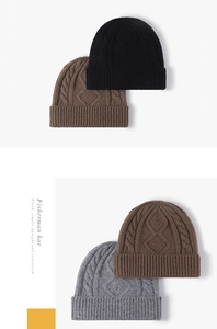 Close-up of thick cable knit texture on black, brown, and grey winter beanies