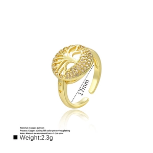 Detail of 18k gold plated copper ring with life tree design and 17mm size specs