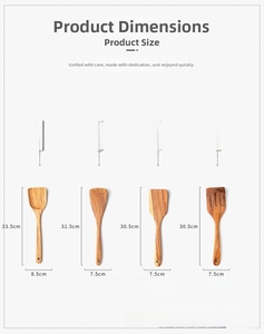 Detailed size specifications for teak wooden kitchen utensils including spatulas and spoons