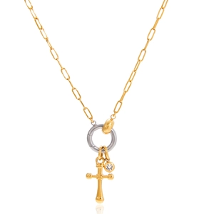 Detail of mixed-metal cross pendant necklace with crystal charm and round spring clasp
