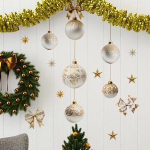Luminous Christmas ball stickers with green wreath and golden stars on white wood wall
