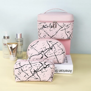 Pink marble pattern 3-piece makeup bag set in PU leather with stylish silver zippers