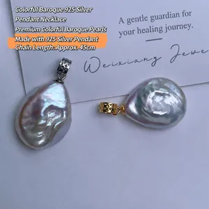Baroque freshwater pearl necklace with 925 sterling silver charms and rainbow luster