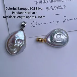 Baroque freshwater pearl necklace with 925 sterling silver charms and rainbow luster