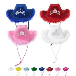 Western Cowboy Hat Princess Tiara Crown Rhinestone Feather Trim Polyester Felt Party Costume Adjustable Strap
