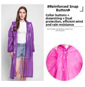 Detail of durable EVA rain poncho showing heavy-duty snap buttons and drawstring hood