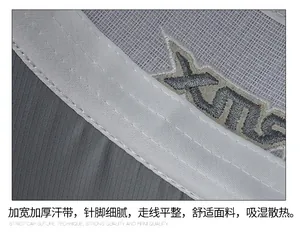 Macro shot of breathable grey mesh sweatband with reinforced stitching and logo embroidery