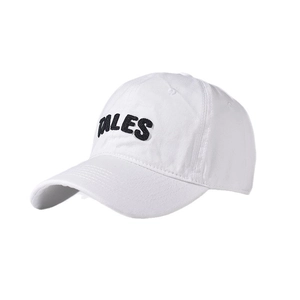 White cotton baseball cap featuring black 3D embroidery TALES with a curved visor