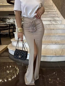 Elegant khaki high waist midi skirt with 3D floral accents and a stylish high side slit