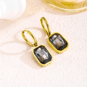 Gold-plated hoop earrings with rectangular emerald-cut smoky grey zircon pendants
