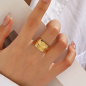Feather Texture Adjustable Open Ring Stainless Steel Gold Plated Vintage Hip Hop Style Jewelry For Women Men