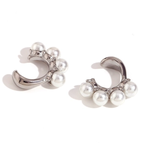 Clips d'oreilles tendance en métal argenté en forme de C avec perles blanches