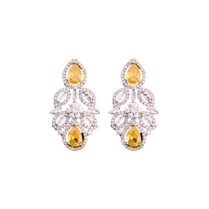 Luxury silver flower earrings set with pear-shaped yellow zircon and white gemstones