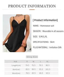 Size chart for black imitation silk nightgown featuring detailed length and bust measurements