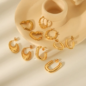 Fashion Geometric Earrings Stainless Steel 18K Gold Plated Heart Star Shape Hoop Stud Jewelry For Women Gift