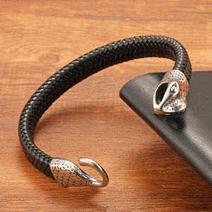 Pulsera de cuero trenzado para hombre con cabezas de serpiente en acero inoxidable
