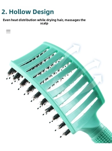 Detail of mint green vented curved hairbrush with boar bristles and nylon pins