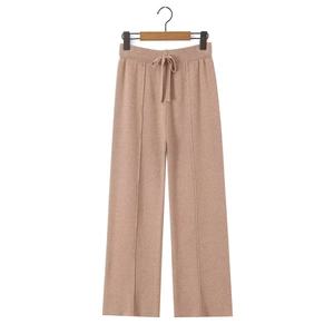 Women's knit wide-leg pants with elastic drawstring waist in a dusty rose pink tone