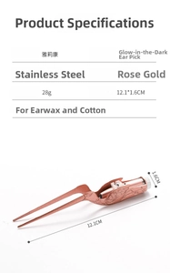 Macro detail of rose gold stainless steel ear tweezers with LED light and bird pattern