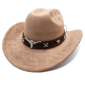 Khaki suede western cowboy hat with brown leather band and silver bull skull ornament