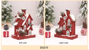 Dual view of a red wooden Christmas house ornament with snow details and pine needles