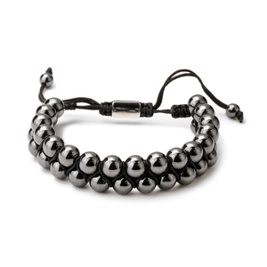 Double-layer woven hematite beaded bracelet with adjustable silver sliding closure