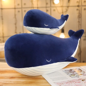 Detailed close-up of whale plush toy with fine embroidery and soft blue fabric texture