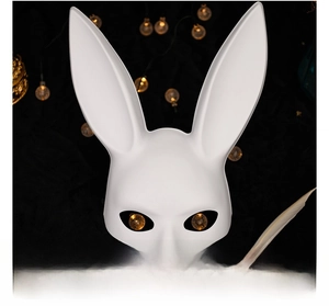 Detailed view of a white bunny mask with long ears and matte texture for masquerade parties