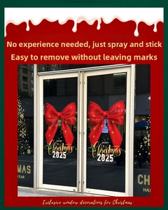 Detail of red Christmas bow window stickers with Merry Christmas 2025 golden lettering