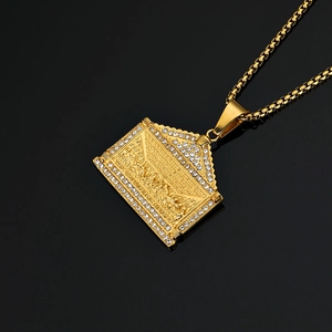 Golden Jesus Last Supper pendant necklace with white zircon stones on box chain