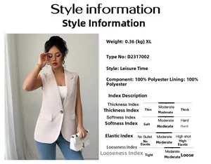 Size guide for light pink sleeveless vest blazer with 100% polyester fabric details