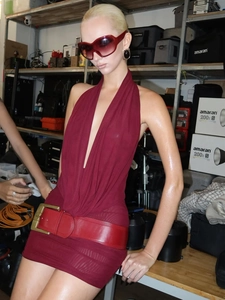 Fashionable deep V-neck backless halter dress in wine red with a matching wide waist belt