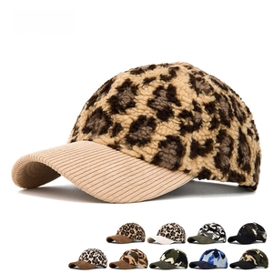 Lamb wool leopard baseball cap with corduroy brim for winter outdoor warmth and style