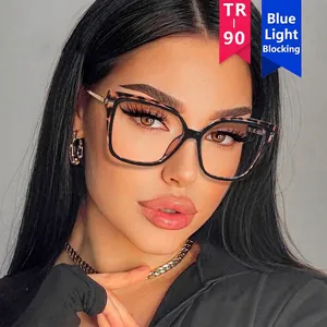Women's square anti-blue light glasses with black TR-90 frames and leopard print accents