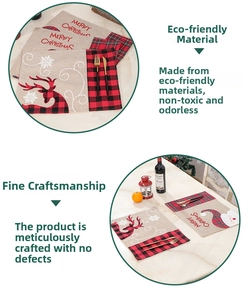 Detail of Christmas table mat featuring reindeer and Santa Claus on buffalo plaid fabric