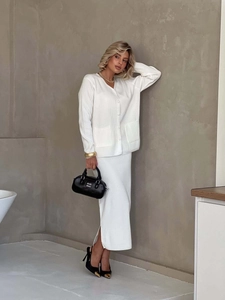 Women Cotton Polyester Knit Cardigan V Neck And High Waist Midi Skirt Solid Color Elegant Casual Lounge Wear