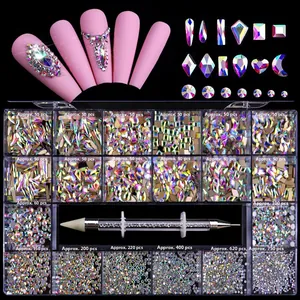 21-grid AB glass rhinestones set for nail art with dual-ended dotting pen on black background