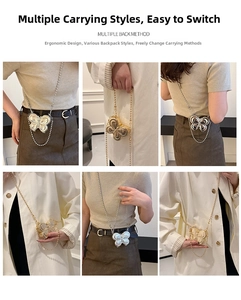 Detailed view of mini butterfly metal crossbody bag with beaded chain straps