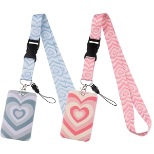 Lanyard card holder set with heart pattern in blue and pink polyester fabric