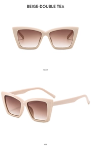 Vista frontale e laterale dei raffinati occhiali da sole cat-eye beige con lenti sfumate