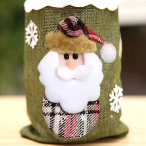 Christmas burlap wine bottle cover featuring Santa Claus and snowflake embroidery