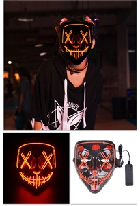 Detail view of Halloween LED mask with orange EL wire and portable battery controller