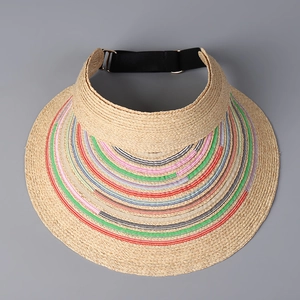 Detail of adjustable black elastic strap and buckle on colorful raffia sun visor hat