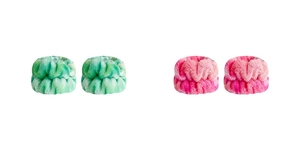 Detail view of microfiber absorbent wristbands in green and pink gradient for face washing