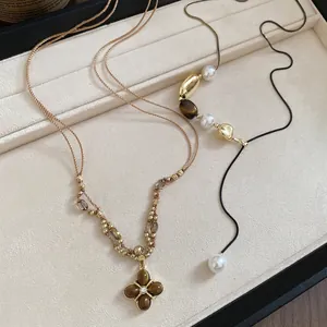 Retro Alloy Tiger Eye Stone Flower Pendant Necklace Imitation Artificial Pearl Woven Cord Clavicle Chain Vintage Style For Women