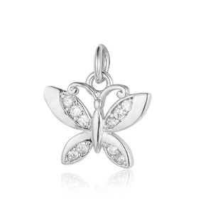 Detailed view of silver butterfly pendant with sparkling cubic zirconia on white surface
