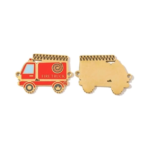 Detailed macro view showing red enamel fire truck charms for jewelry making